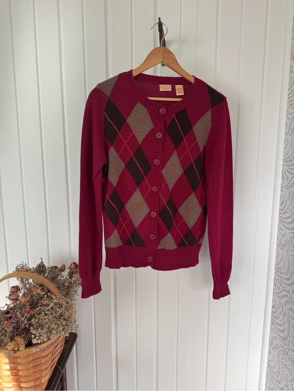 Raspberry Cotton Argyle Cardigan | Vintage Inspired Preppy Cottage Sweater